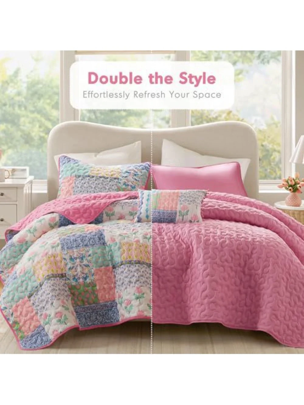 Quilted Patchwork Comforter Set in Pastel Pink and Multi